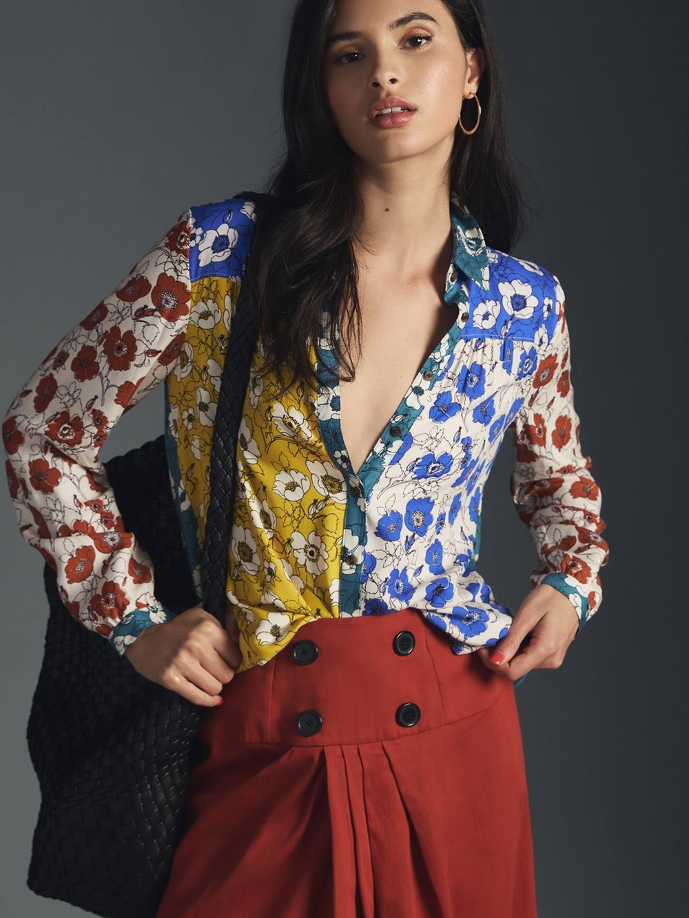 Anthropologie Maeve Paz Alida Contrast Floral Patchwork Buttondown Blouse XXSP